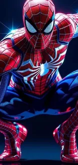 Spiderman in a dramatic superhero stance against a dark background.