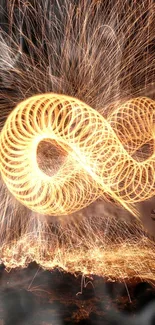 Mobile wallpaper showing dynamic spiral light art with golden sparks.