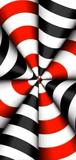 Dynamic spiral pattern with red, black, and white stripes.