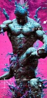 Dynamic splash art of a muscular figure on a vibrant pink background.