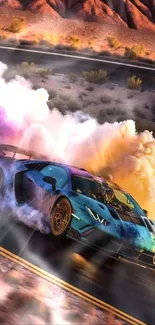 Vibrant sports car drift in desert landscape with colorful smoke trails.