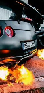 Sleek sports car with fiery flames from exhaust, showcasing speed and power.