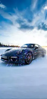 Gray sports car drifting on snowy terrain under a blue sky.