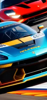 High-speed sports car race on track with vibrant colors.