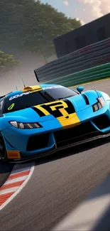 Blue sports car racing on a curved track under a sunny sky.