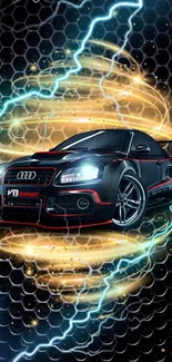 Dynamic sports car with electric energy and honeycomb pattern background.