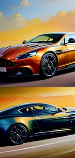 Sleek sports car in vibrant sunset design with dynamic appeal.