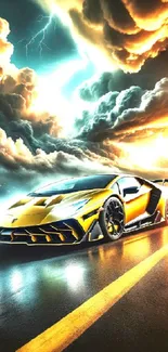 Dynamic yellow sports car under stormy clouds.