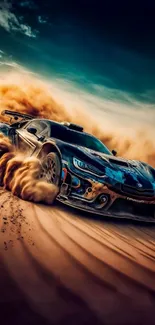 High-speed sports car drifting in desert sand.