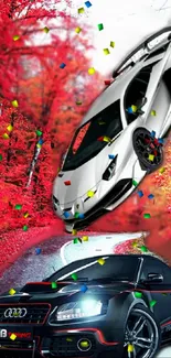 Dynamic sports car with vibrant red forest backdrop and confetti.