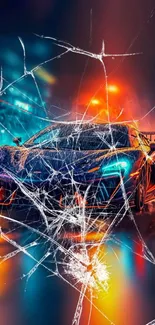 Dynamic sports car with neon city lights and broken glass effect.