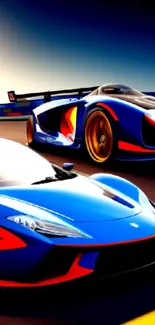 Two blue sports cars racing on a vibrant track in a dynamic mobile wallpaper.