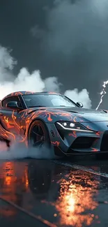 Sports car with smoke and lightning in the background.