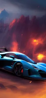 Futuristic blue sports car racing through a glowing lava landscape.