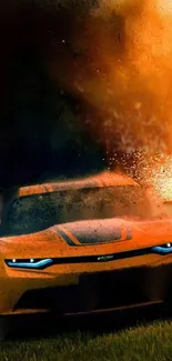 Fiery sports car bursts through flames in dramatic wallpaper.