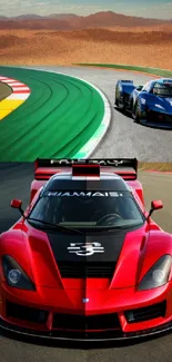 Vibrant sports cars on a dynamic race track wallpaper.