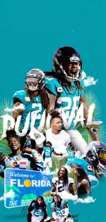 Dynamic teal football collage wallpaper with Florida theme.