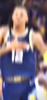 Blurry image of an athlete in motion in blue uniform.