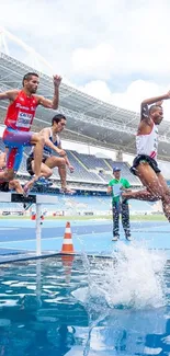 Athletes jumping over hurdle in stadium.