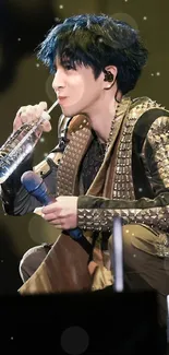 Performer in studded outfit drinking water on stage.