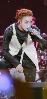 Dynamic stage performer with microphone in action.