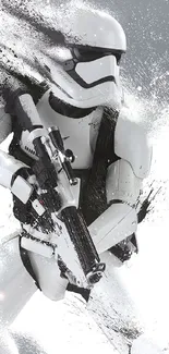 Dynamic Stormtrooper art with splashes in black and white on gray background.