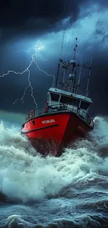 Dynamic stormy sea adventure with a red boat and lightning.