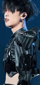 Performer wearing black leather outfit on stage.