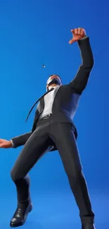 Gaming character in suit on blue background.