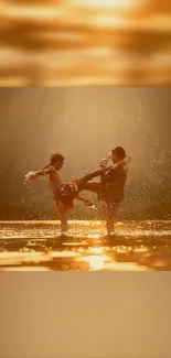 Martial artists performing at sunset with golden reflections.