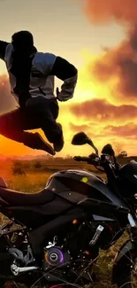 Biker jumps dynamically against sunset backdrop.