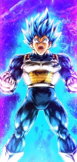 Super Saiyan character with blue aura against a cosmic background.