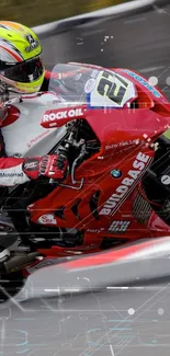 Superbike in action on track, vibrant red motorcycle racing with rider.