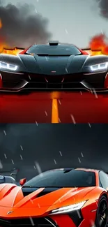 High-speed supercar with fiery background and dynamic lighting.