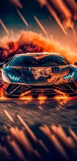 Supercar racing through flames with dynamic action scene.