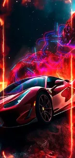 Red supercar with cosmic fiery background, dynamic design.