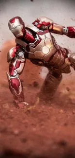 Superhero in high-tech suit amidst exploding debris.