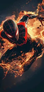 Dynamic superhero leaping with fiery effects in high action.