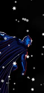 Superhero in blue and red against black background dynamic design.