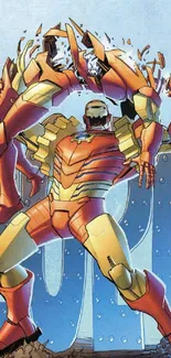 Armored superhero tearing through a metal wall in dynamic action illustration.