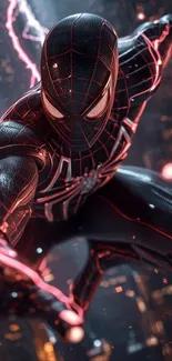 Electrifying superhero in action pose, city backdrop.