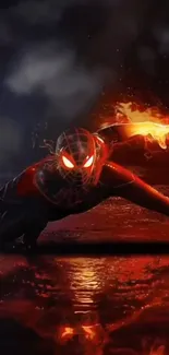 Energetic superhero with vibrant colors on a dark background.