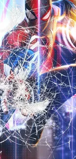 Vibrant superhero with shattered glass effect in dynamic action scene.