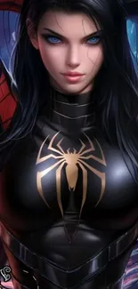 Stylized superhero character with black outfit and vivid colors.