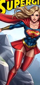 Dynamic superhero artwork featuring a flying hero over mountains.