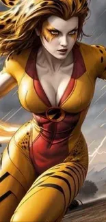 Dynamic superhero female character in yellow and red costume with fierce expression.