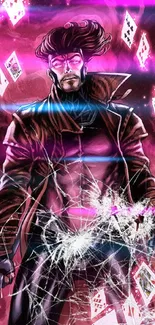 Superhero with cards in magenta-themed wallpaper.