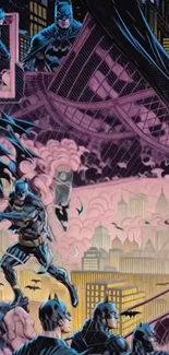 Superhero in action with cityscape background featuring dynamic comic art style.