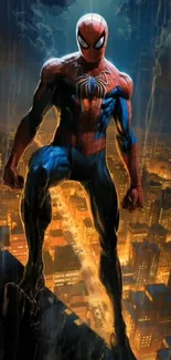 Superhero overlooking cityscape at night with vibrant lights.