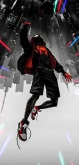 Dynamic superhero in cityscape with vibrant red and black colors.